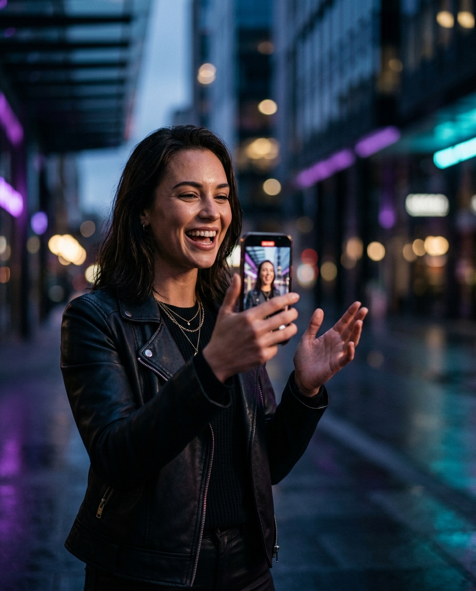Creator filming herself on her phone in a neon city